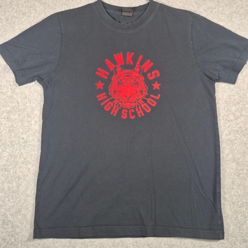 Nike T-Shirt Mens Large Black Stranger Things Hawkins High School Tiger Graphic